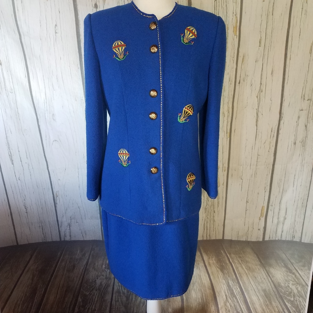 LIHLI New York Vintage Wool Skirt Suit Set Hot Air Balloons